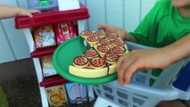 GIANT PLAY Grocery Store Baby Eli Buys Cookies   Pizza Pretend Play Food Cart Kids Video