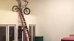 Un jeune tente sauter sur un matelas en vélo en étant sur une échelle