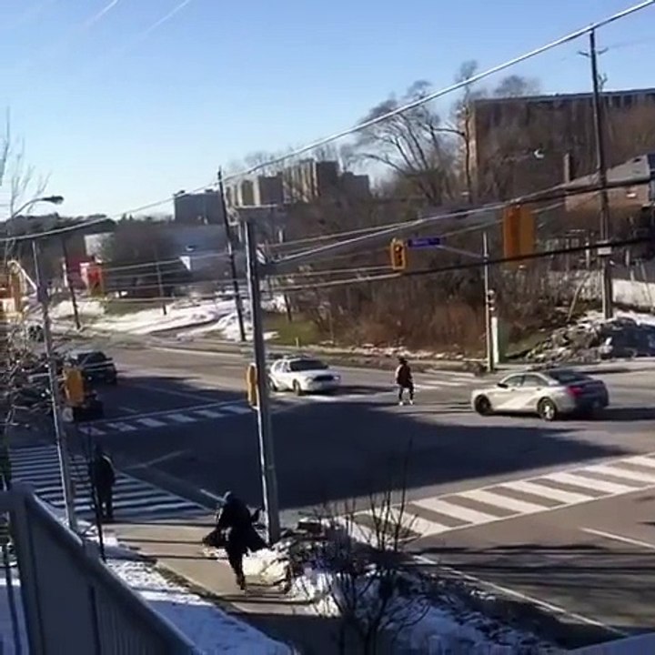Une femme hystérique tente d’éclater le pare-brise d'une voiture de police