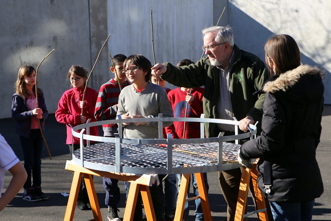 Construction d'un nid de cigognes a l'ecole elementaire Cour de...
