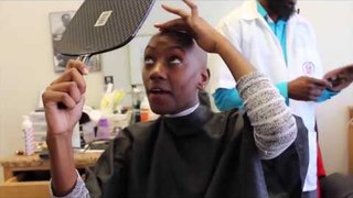 Woman headshave in a barbershop ( curly hair )