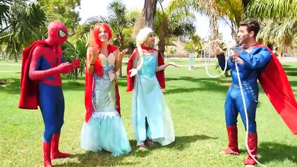 Superman Fly Training w Spiderman Flies and Falls vs Joker vs Frozen Elsa Ariel Little Mermaid