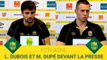 Léo Dubois et Maxime Dupé devant la presse avant FCN-ASNL