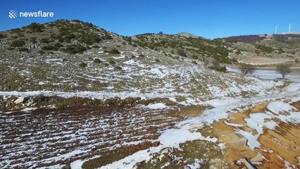 Aerial view of frozen lake in northern Greece