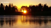 Stunning sunset over frozen lake in Lydiard Park, Swindon