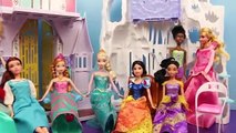 BARBIE CRASHES PARTY DisneyCarToys at Frozen Elsa and Anna 39 s Castle with Jasmine and Merida