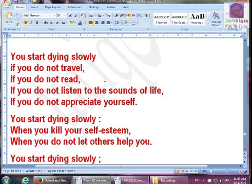You start dying slowly! The best English Poem With Urdu Translation