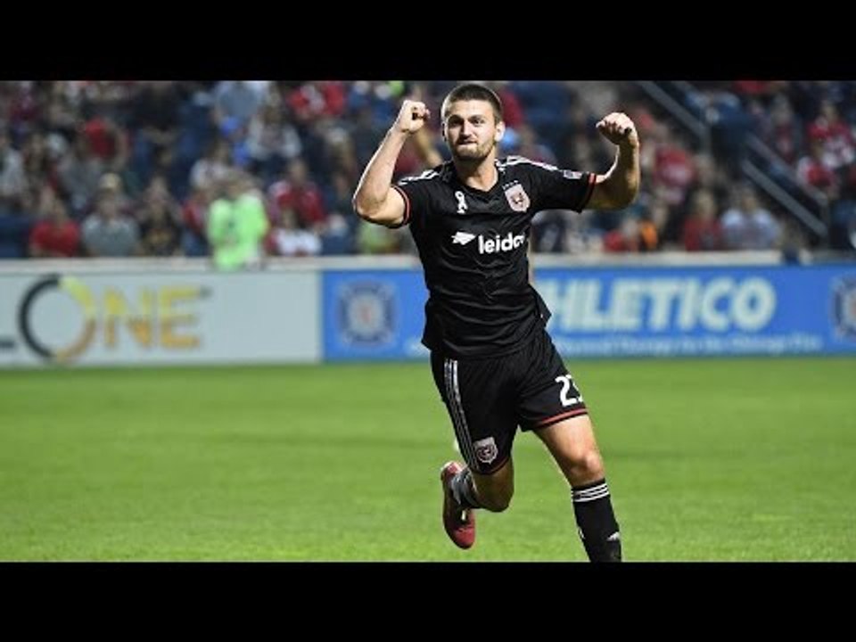 GOAL: Perry Kitchen heads it off the bar and into goal to open up the scoring for D.C. United