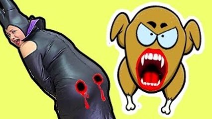 Vampire Turkey ATTACK vs Maleficent w/ Spiderman, Frozen Elsa Superhero Fun IRL