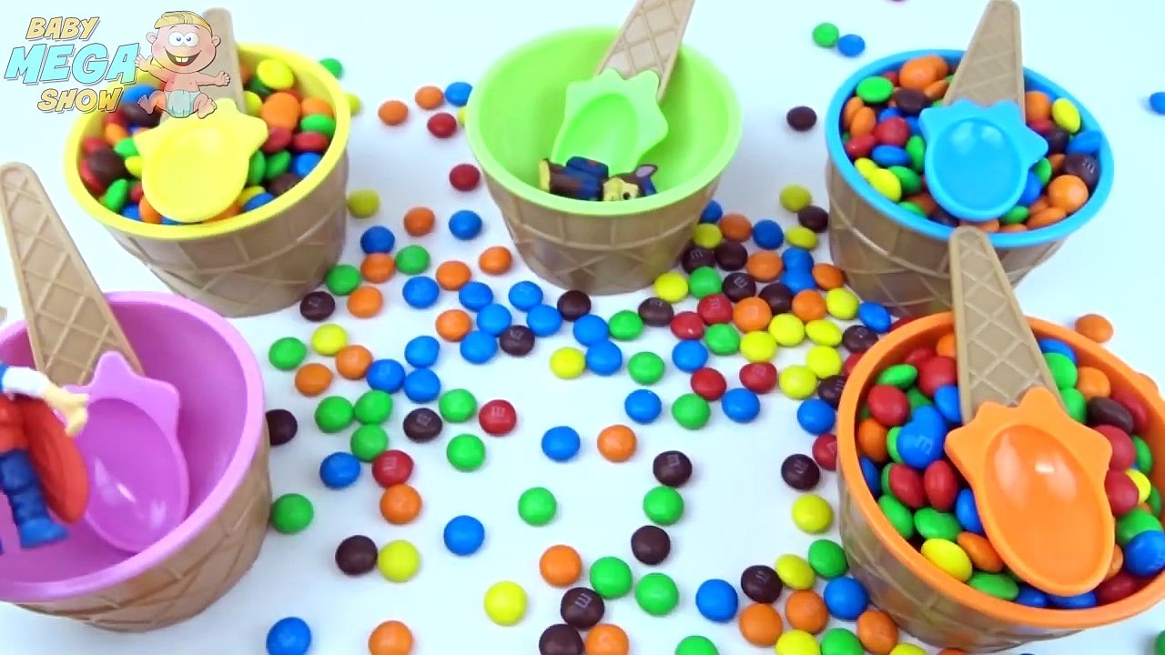 Paw Patrol Robocar Poli Surprise Toys Ice Cream Candy Skittles M&Ms Cups Learn Colors for Children