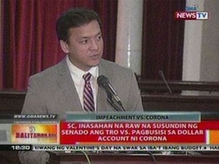 BT: SC, inasahan na raw na susundin   ng senado ang TRO vs pagbusisi sa   dollar account ni Corona