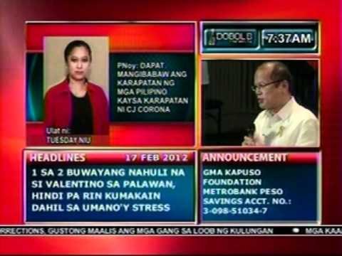 DB: PNoy: dapat mangibabaw ang karapatan ng mga Pilipino kaysa karapatan ni CJ Corona (021712)