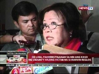 QRT: De Lima, paiimbestigahan sa NBI ang kaso ng hazing victim na si Marvin Reglos