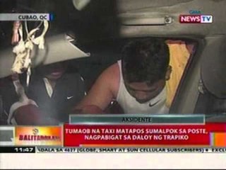 BT: Tumaob na taxi nang sumalpok sa   poste sa Cubao, QC, nagpabigat sa   daloy ng trapiko