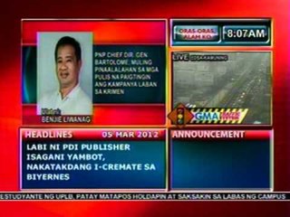 DB: PNP Chief Bartolome, pinaalalahanan ang mga pulis na paigtingin ang kampanya vs krimen (030512)