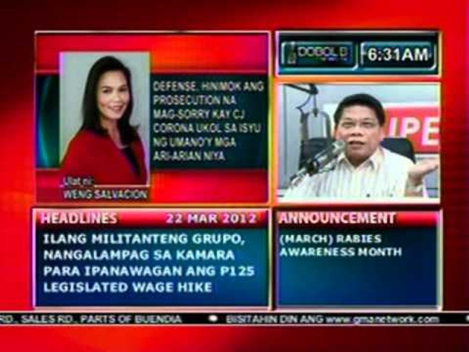 DB: Defense, hinimok ang Prosecution na mag-sorry kay Corona ukol sa isyu ng mga ari-arian (032212)