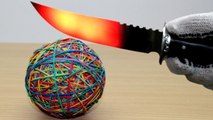 EXPERIMENT Glowing 1000 degree KNIFE vs Rubber Band Ball (2000 Rubbers)