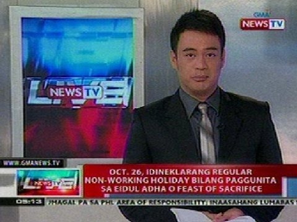 NTL:  Oct 26, idineklarang regular non-working holiday bilang paggunita sa Eidul Adha