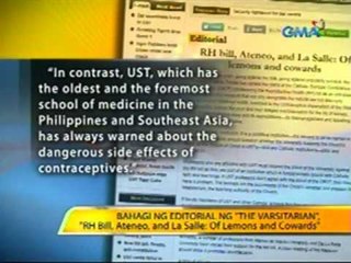 Isang editorial student publication ng UST, binatikos ang pagsuporta ng ilang propesor sa RH bill