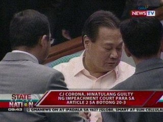 SONA: Corona, hinatulang guilty ng impeachment court para sa article 2 sa botong 20-3