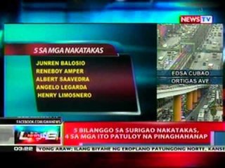 NTL: 5 bilanggo sa Surigao nakatakas, 4 sa mga ito patuloy na pinaghahanap