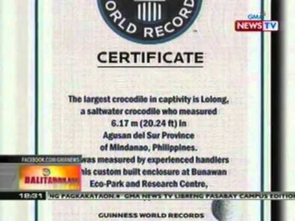 Lolong, idinekalara nang 'Biggest crocodile in captivity' ng Guinness book of world records