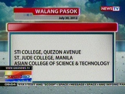 NTG: Iba pang eskwelahan na wala na ring pasok ngayong araw (July 30, 2012)