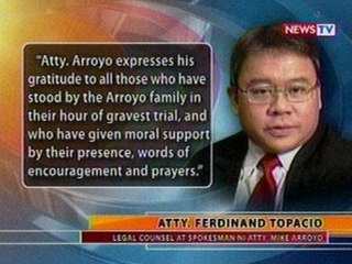 BT: Former First Gentleman Arroyo, ikinatuwa ang pagpayag na magpiyansa ang asawa