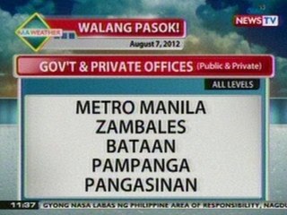 BT: Gov't, private offices at lahat ng antas, wala ng pasok ngayong araw (Aug. 7, 2012)