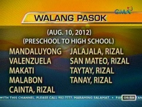 UB: Mga eskwelahan na walang pasok ngayong araw (Aug. 10, 2012)