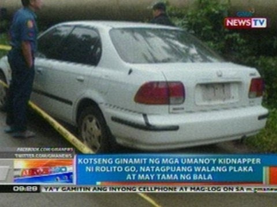 NTG: Kotseng ginamit ng mga umano'y kidnapper ni Go, natagpuang walang plaka at may tama ng bala