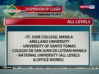 NTVL: Alamin ang mga suspendidong klase ngayong araw (Sept. 15, 2012)