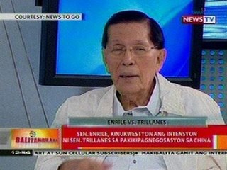 BT: Sen. Enrile, kinukwestyon ang intensyon ni Sen. Trillnes sa pakikipagnegosasyon sa China