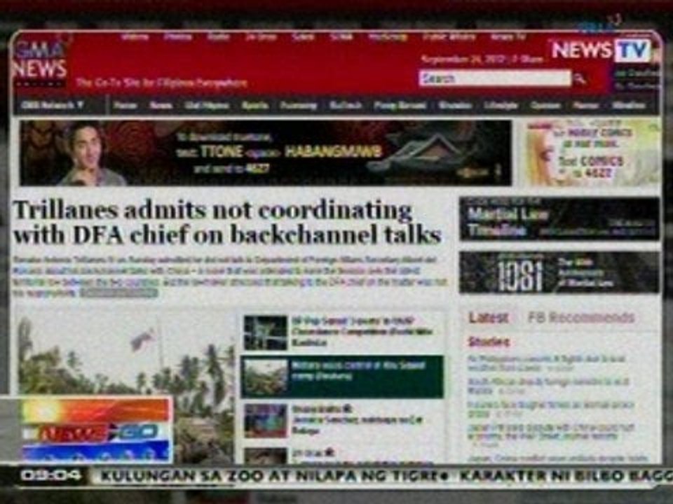 NTG: Trillanes admits not coordinating with DFA chief, banner story ng GMA News Online