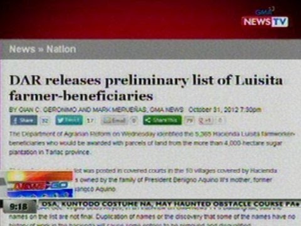 NTG: DAR releases preliminary list of Luisita farmer-beneficiaries, banner story ng GMA News Online
