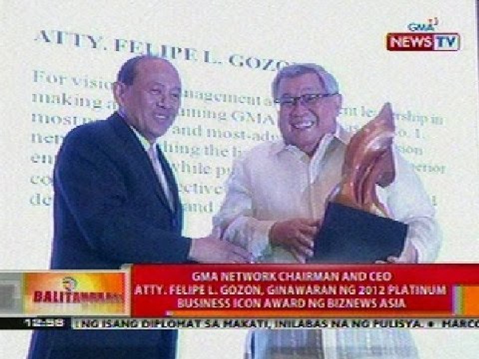 BT: GMA Network Chair Atty. Gozon, ginawaran ng 2012 Platinum Business Icon Award ng Biznews Asia