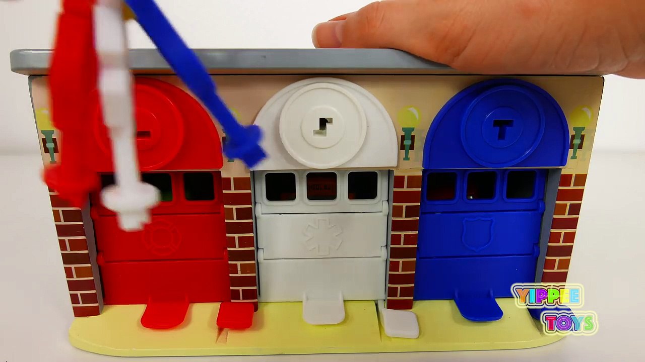 Fire Truck Garbage Truck and School Bus Vehicles with Car Garage Playset for Kids