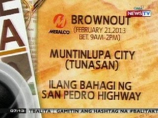 KB: Brownout schedule sa ilang bahagi ng Muntinlupa (Feb. 21, 2013)