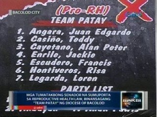 Mga tumatakbong senador na sumuporta sa RH law, binansagang 'Team Patay' ng Diocese of Bacolod