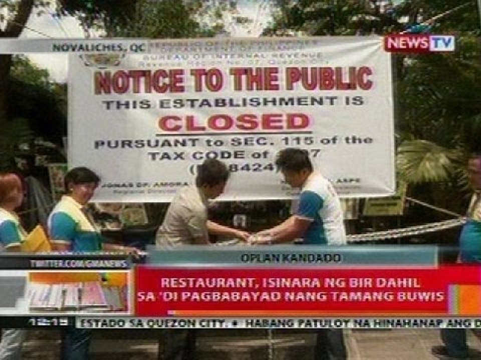 BT:  Restaurant, isinara ng BIR dahil sa 'di pagbabayad nang tamang buwis