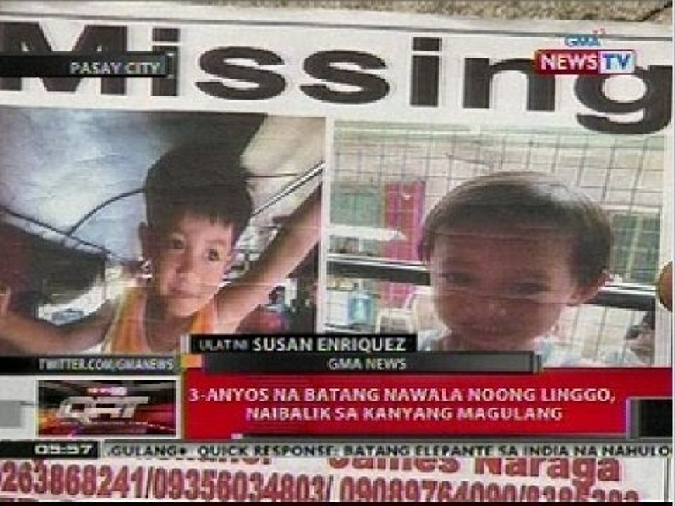 QRT: 3-anyos na batang nawala noong Linggo, naibalik sa kanyang magulang