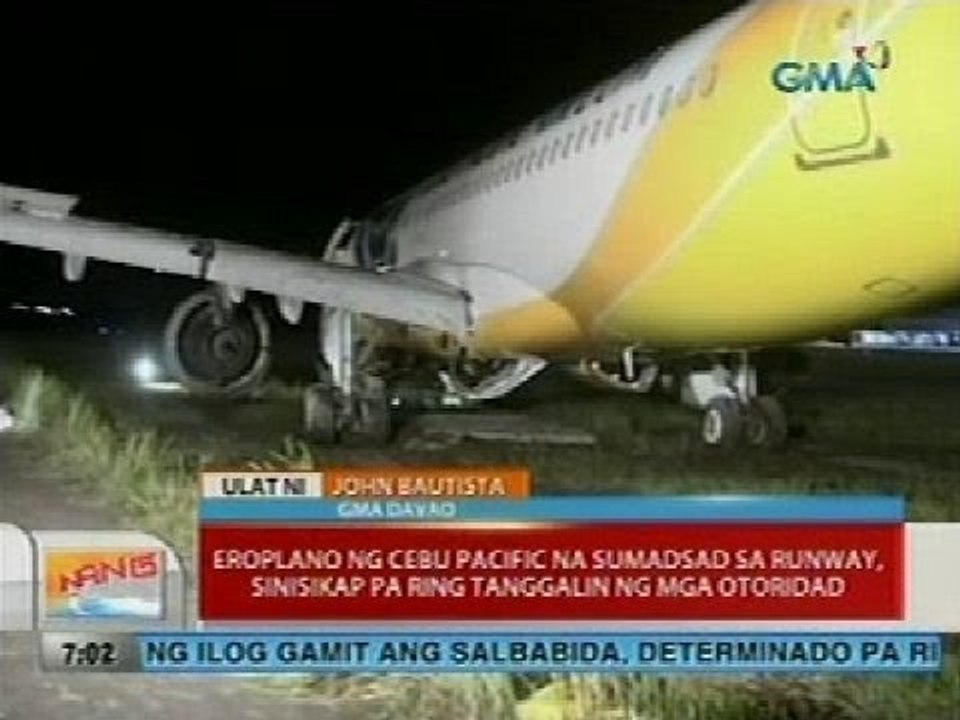 Eroplano ng Cebu Pacific na sumadsad sa runway, sinisikap pa ring tanggalin ng mga otoridad