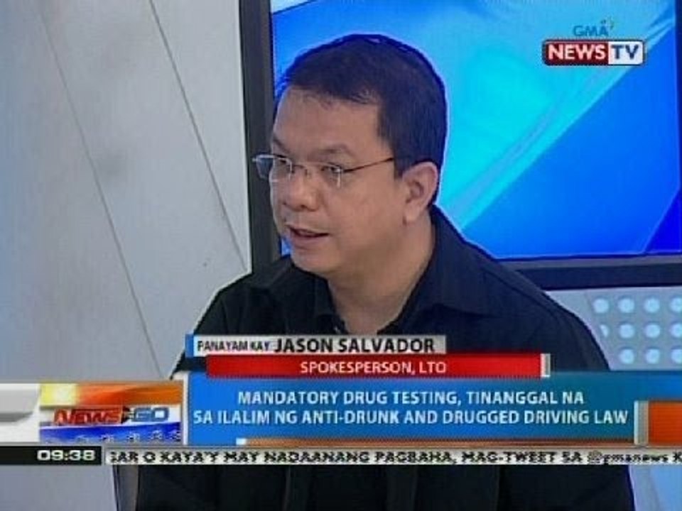 NTG: Mandatory drug testing, tinanggal na sa ilalim ng anti-drunk ang drugged driving law