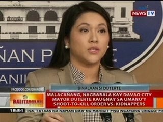 BT: Malacañang, nagbabala kay Davao Mayor Duterte sa shoot-to-kill order vs kidnappers