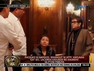 24 Oras:  Seguridad ni Napoles, tiniyak ni PNoy sa sampung minuto nilang pag-uusap