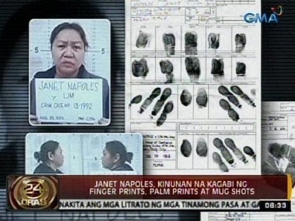 24 Oras: Janet Napoles, kinunan na kagabi ng finger prints, palm prints at mug shots