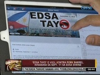 24 Oras: "Edsa Tayo" o vigil kontra pork barrel, ikinakasa sa Sept. 11 sa EDSA Shrine
