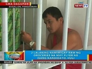 BP: 2 lalaking namimigay ng groceries na may flyer ng kandidato sa Pangasinan, huli