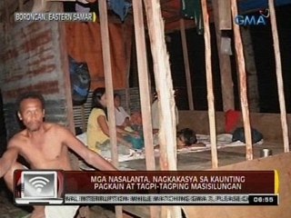 Mga nasalanta sa Eastern Samar, nagkakasya sa kaunting pagkain at tagpi-tagping masisilungan