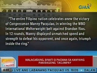 UB: Malacañang, binati si Pacman sa kanyang panibagong tagumpay